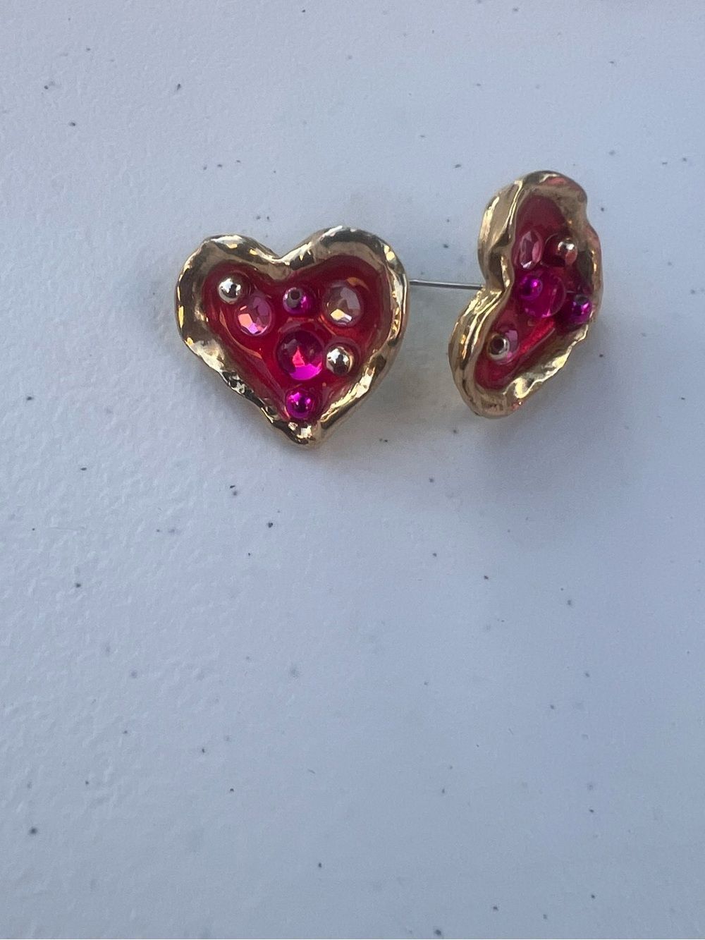 Gold-Tone Heart Stud Earrings with Fuchsia Enamel and Pink Crystal Accents